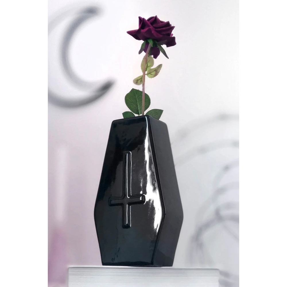 Killstar Gothic Coffin Vase 8" Black Ceramic Cross Detail Home Decor New In Box
